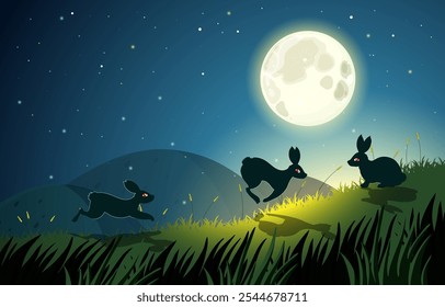 Three rabbits play beneath a glowing full moon