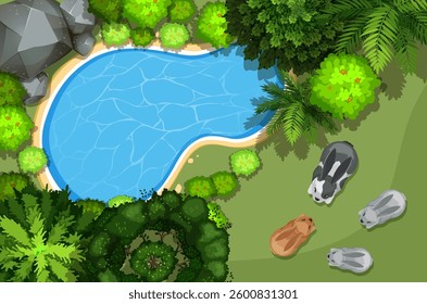 Three rabbits relaxing near a serene pond
