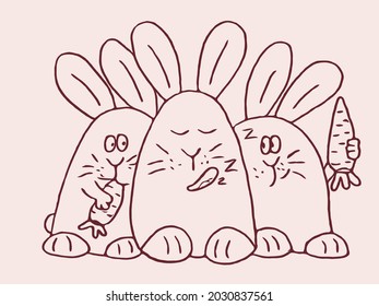 three rabbits are sitting together, a large rabbit in the middle is asleep, another is ready to gnaw a carrot and the third is already eating a sweet carrot