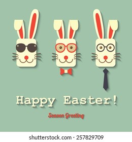 Three Rabbits Wearing Glasses Within Happy Easter Sign. Vector.