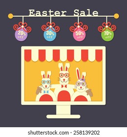 three rabbits within computer screen and Easter sale sign. vector.
