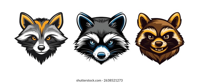 Three Raccoon Head Illustrations Variations in Color and Style
