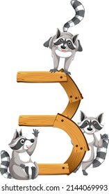 Three raccoons attached to number three illustration