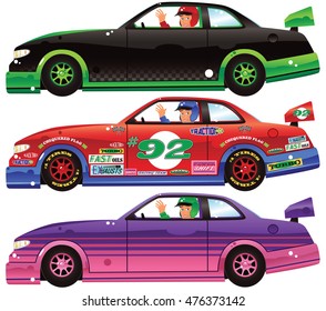 Three racing cars and drivers.