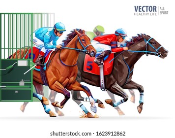 Three racing horses competing with each other. Start gates for horse races the traditional prize Derby. Hippodrome. Racetrack. Sport. Vector illustration