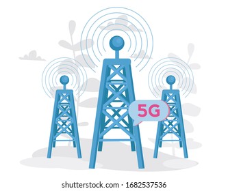 Three Radio towers, 5G internet  Vector illustration for web banner, infographics, mobile