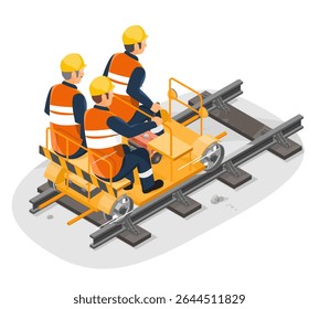 Three railway maintenance workers operating a manual inspection trolley on train tracks during a routine safety check isometric