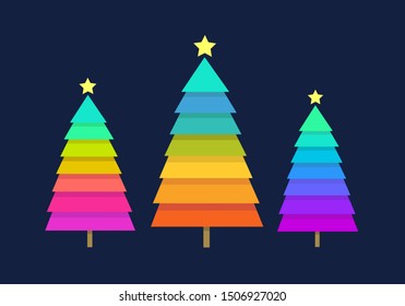 Three rainbow colored Christmas tree vectors on a navy blue background