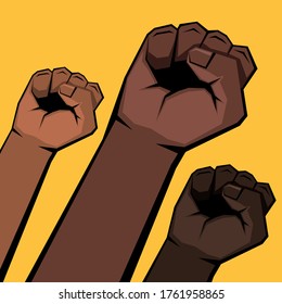 Three raised clenched fists in diagonal. Brown hands on yellow background. Pop art style. Vector illustration.