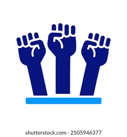 Tres puños levantados, colores azul y azul claro, poder, fuerza, unidad, resistencia, activismo, protesta, imágenes llamativas, diseño minimalista, solidaridad, movimiento social, mensaje impactante y fuerte.