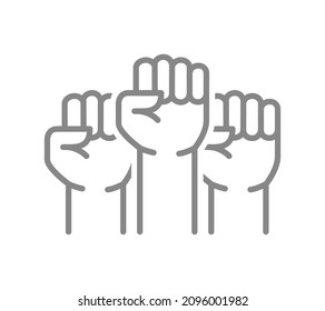 Three raised fists line icon. Volunteer, teamwork symbol