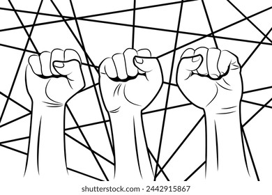 Three raised fists on background of thick lines in random directions in black and white. 3D illustration of the concept of solidarity, trade union strikes and labor movement