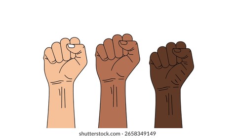 Três punhos levantados mostrando unidade e apoio em diversos tons de pele