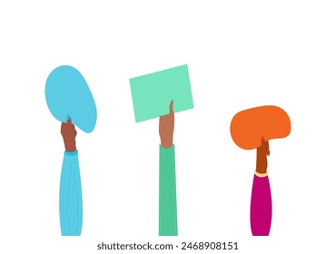 Three Raised hands of different people from different ethnic groups holding blank signs. Teamwork. Gratitude. Isolated on the white background, vector.