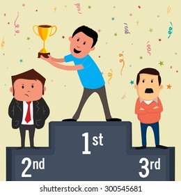 Three ranking winner businessmen standing on the winning podium holding up winning trophy.