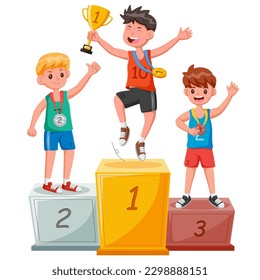 Three ranking winner kids standing on the winning podium holding up winning trophy. Vector illustration