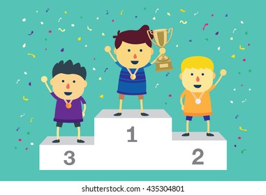 Three Ranking Winner Kids Standing On The Winning Podium Holding Up Winning Trophy.