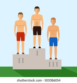 Three ranking winners standing on the winning podium. Triumph concept. Sport competition. Vector flat colorful illustration