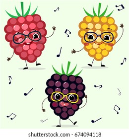 
Three raspberries  Smiley in glasses dance in cartoonish power./
Three  raspberries Smiley in cartoonish power.
