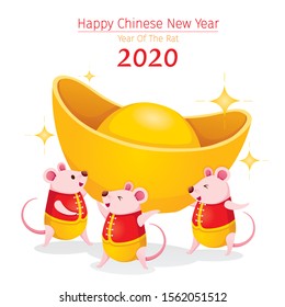 Three Rats In Chinese Clothing Carrying Big Gold Together, Happy Chinese New Year 2020, Year Of The Rat, Traditional, Celebration, China, Culture