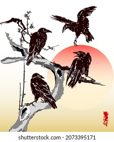 Three ravens on a branch  and one flying in the sunset. Vector illustration in the style of Japanese ukiyo-e woodblock watercolor prints.