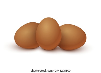 Three raw brown eggs set. Organic fresh food for breakfast vector illustration. Whole eggs ready for cooking and eating, yolk and protein inside, isolated on white background.