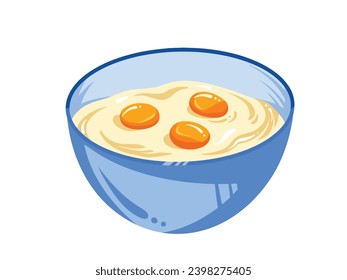 Three raw eggs inside blue bowl vector illustration isolated on white horizontal background. Simple flat cartoon art styled full colored drawing. Cooking and baking themed art.