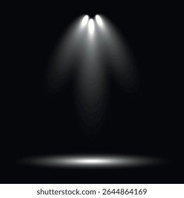 three rays of light converging downward on a black background, creating the effect of spotlights or a stage. There is a faint reflection of light on the bottom part, reminiscent of a stage floor.

