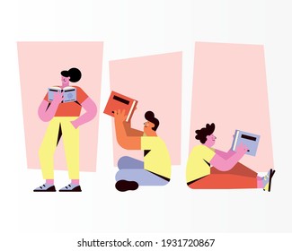 three readers reading books characters