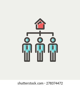 Three real estate agent in one house icon thin line for web and mobile, modern minimalistic flat design. Vector icon with dark grey outline and offset colour on light grey background.