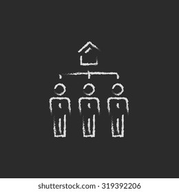 Three real estate agents hand drawn in chalk on a blackboard vector white icon isolated on a black background.