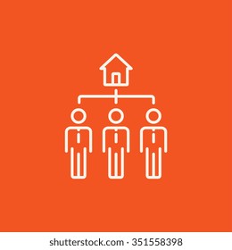 Three real estate agents line icon for web, mobile and infographics. Vector white icon isolated on red background.