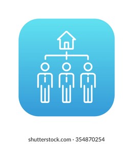 Tres agentes inmobiliarios alinean icono para web, móviles e infografías. Icono de blanco vector en el cuadrado de gradiente azul con esquinas redondeadas aisladas en fondo blanco.