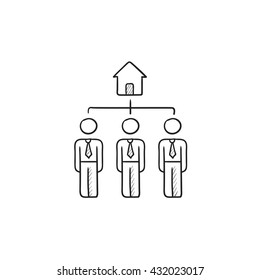Drei Immobilienmakler, Vektorgrafik-Symbol einzeln auf dem Hintergrund. Handgezeichnete Drei Immobilienmakler-Ikone. Drei Immobilienmakler skizzieren ein Symbol für Infografik, Website oder App.