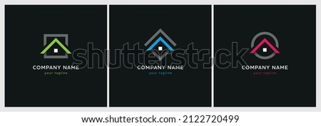 Three real estate logo templates with house and roof icon. Architecture, interior and exterior design agency logotype. Building or construction company symbol. 