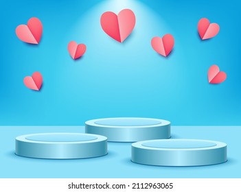 Three realistic 3d vector podiums, pedestals, stage, retail displays on blue bright trend background. Pink paper cut hearts. Sale banner. Valentine's day card. Promotion, promo horizontal store poster