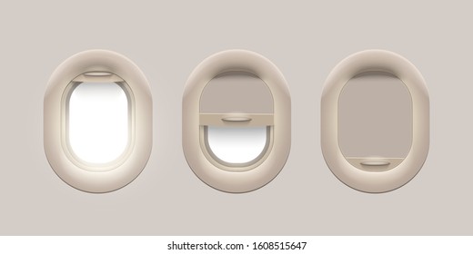 Three realistic airplane fuselage glass porthole. Plane windows open, half opened, closed. Brown illuminator frame set inside airliner cabin. Aircraft design element. Vector illustration