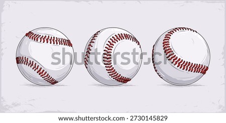 Three realistic baseballs shown from different angles with red stitched seams, classic leather sports ball for baseball game or league design