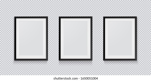 Three realistic black picture or photo frame isolated on transparent background. Vector illustration.