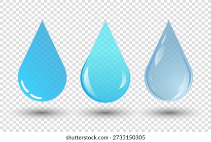 Tres gotas de agua azul realistas con transparencia y brillo
