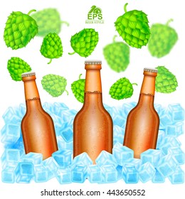Three realistic brown bottle of beer stand in ice cubes among flying depth of field hop cones on white background
