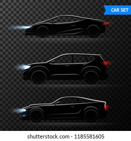 Three realistic car dark transparent icon set with different stylish models of cars vector illustration