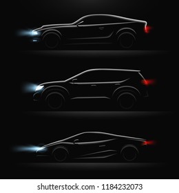 Three realistic car profile dark icon set black cars with lighted headlights vector illustration