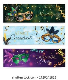 Three realistic carnival mask horizontal banner set with mardi gras venice carnival and carnival party headlines vector illustration