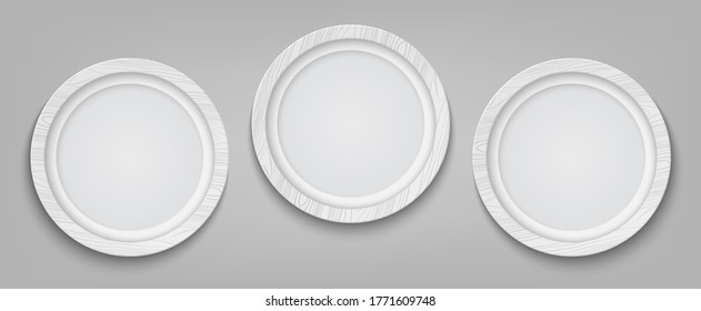 Three realistic circle white photo frame isolated on transparent background. Vector illustration.