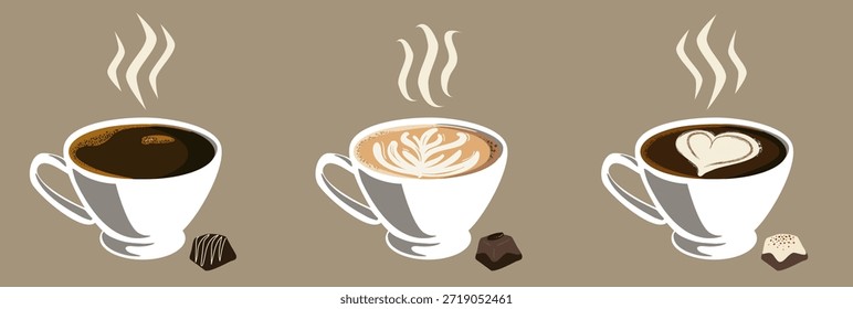 Tres tazas de café realistas. Tazas blancas de café con vapor y dulces de chocolate. Bebidas de café acogedor hermoso.