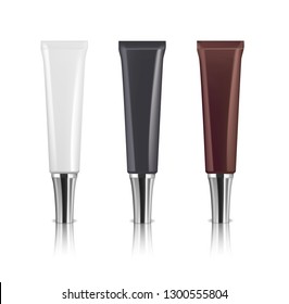 Three realistic cosmetic tubes with silver caps. White, black and brown colors. Vector