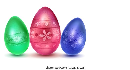 Three realistic Easter eggs with different surface texture, patterns and holiday symbols in red, blue and green colors. With shadows on white background
