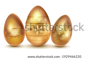 Three realistic Easter eggs with different surface texture, patterns and holiday symbols in golden colors. With shadows on white background