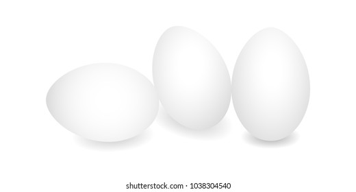 Three Realistic eggs. White chicken eggs. Vector 3D eggs with shadows on white background. Template Easter eggs, food concept. EPS10